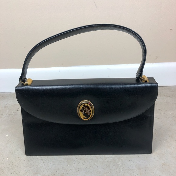 Bags by Supreme Handbags - Vintage Black Shiny Leather Gold Pendant Boxy Bag